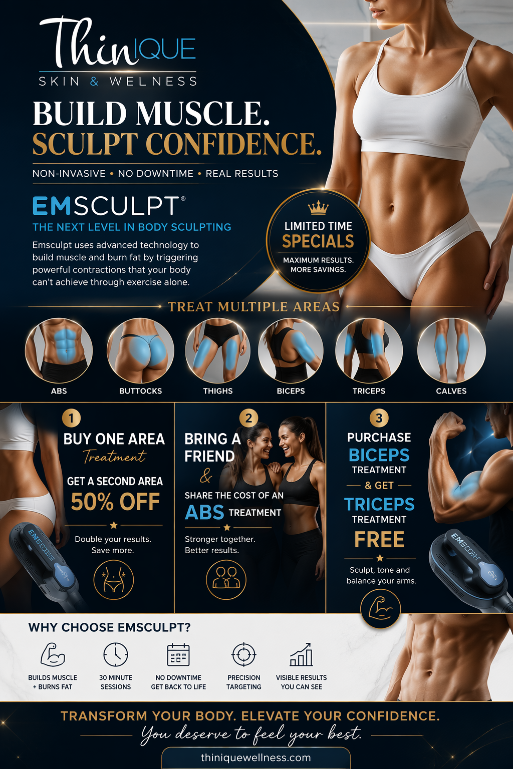 Thinique Slim & Wellness clinic ad for Emsculpt body sculpting and muscle-building treatments