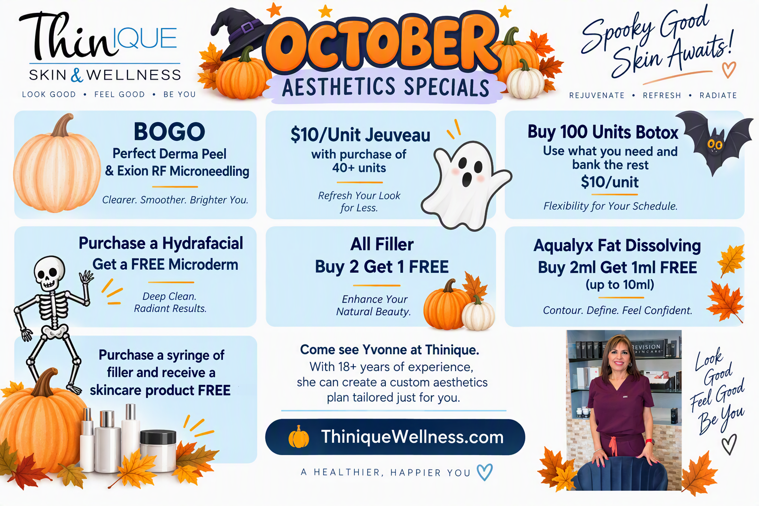 October specials flyer for ThiniQUE, with Halloween graphics and multiple sale offers.