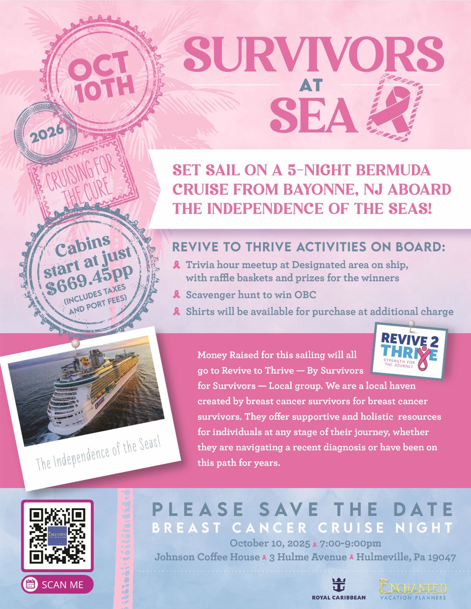 A poster for survivors at sea breast cancer cruise night
