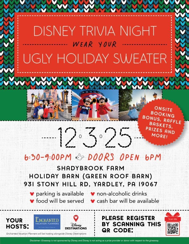 Poster for Disney Trivia Night at Shadybrook Farm, Yardley, PA on 12/3/25. Wear an ugly holiday sweater!
