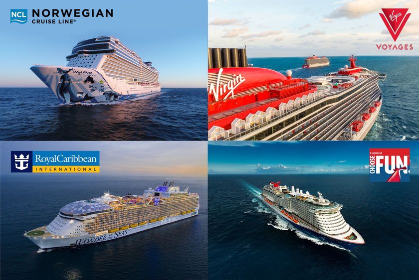 A collage of four pictures of cruise ships in the ocean