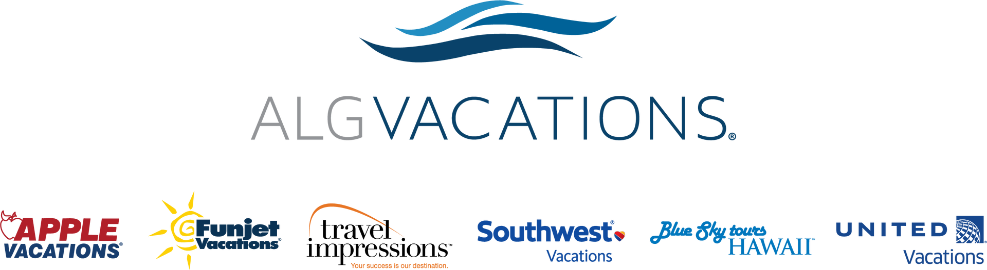 A logo for algvacations shows a wave and other logos
