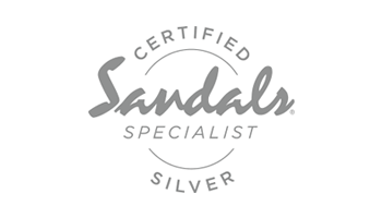 A certified sandals specialist silver logo on a white background.