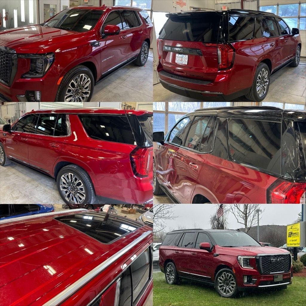 Red GMC SUV shown from multiple angles in a dealership, with visible rear-side body damage on the passenger side.