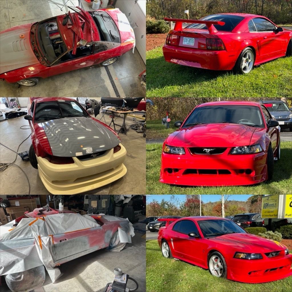 Collage of a red sports car after a crash, showing damage from multiple angles.