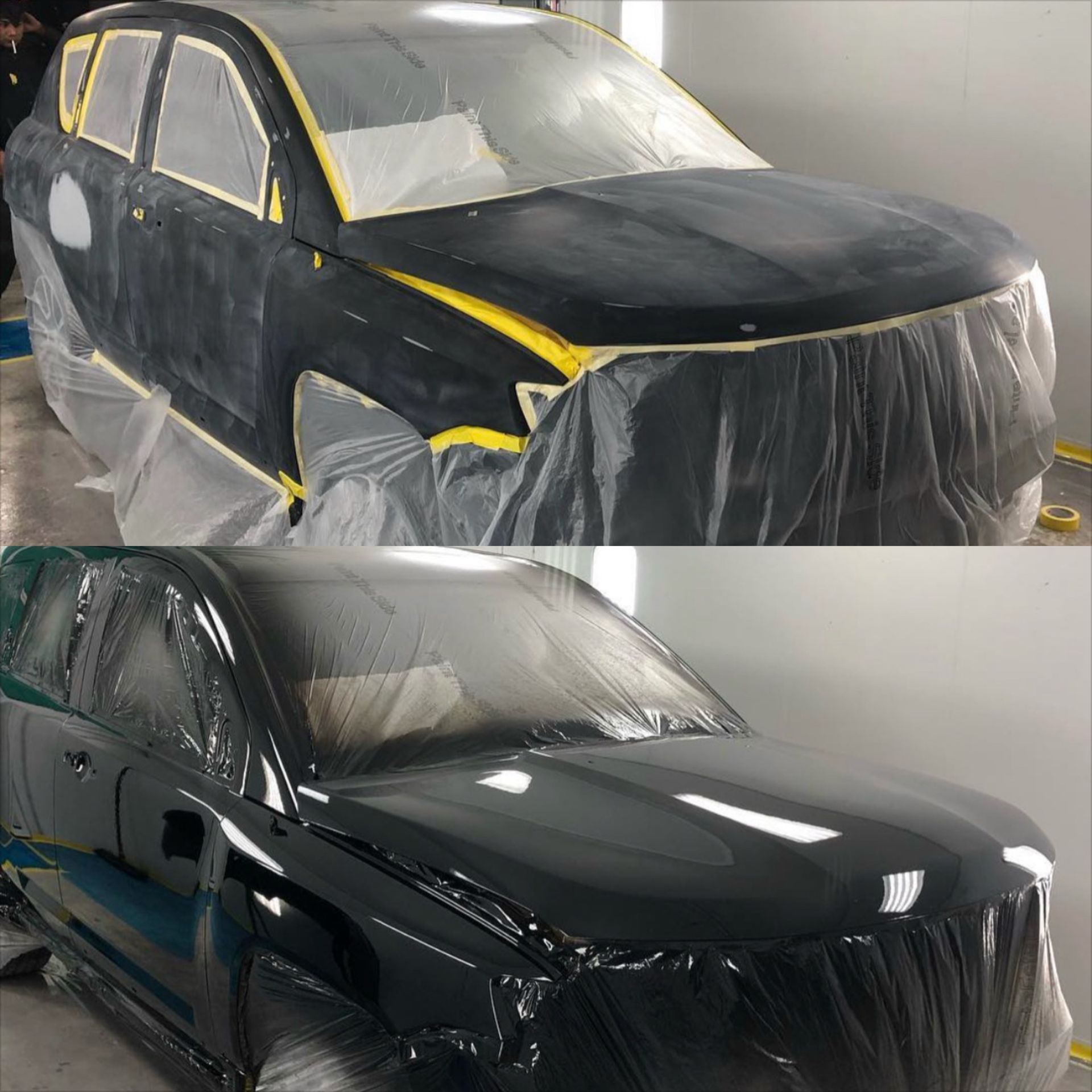 Two views of a black car in a paint booth, masked with plastic and tape during restoration.