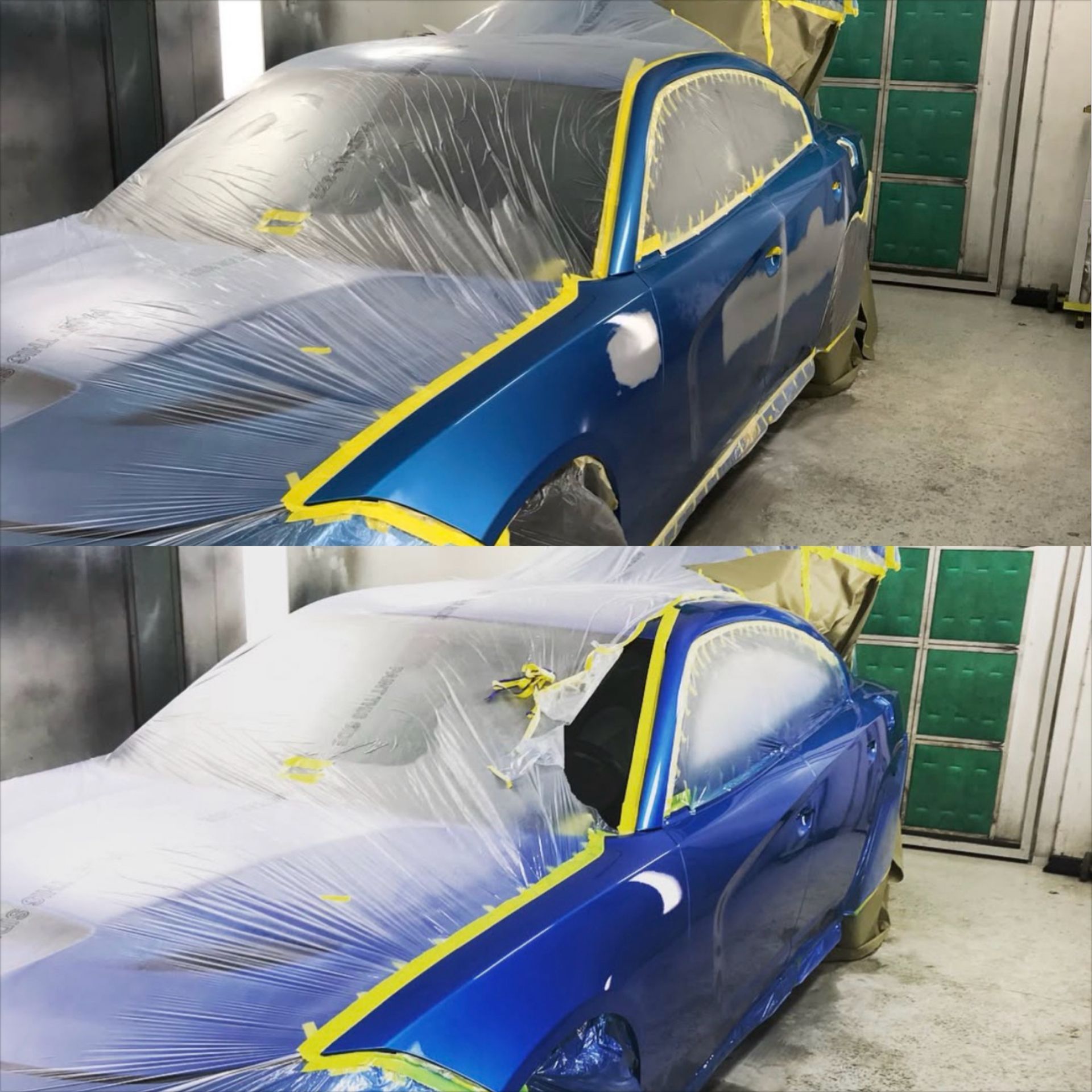 Blue car masked with plastic and tape in a body shop, shown in two stages of paint prep.