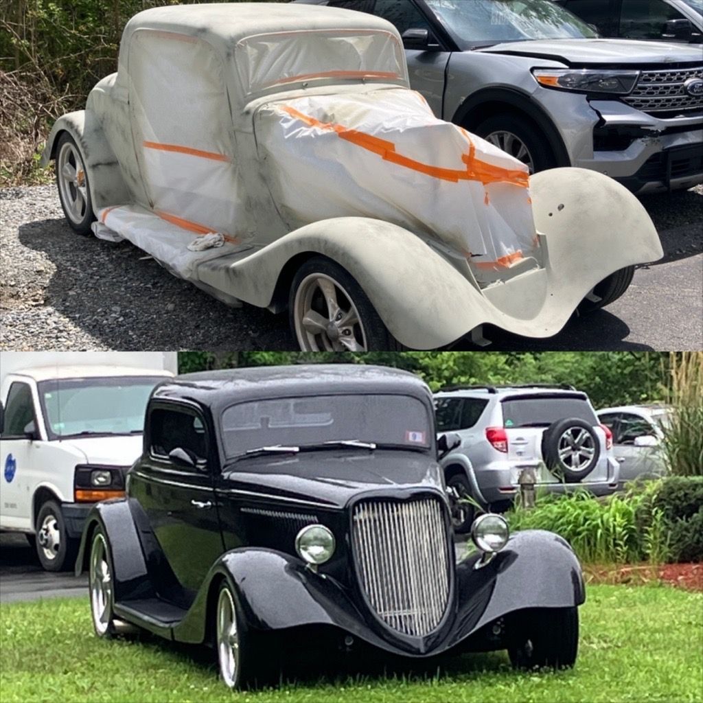 Classic black hot rod coupe; top image shows it under a gray primer wrap with orange tape, bottom shows finished and parked on grass.