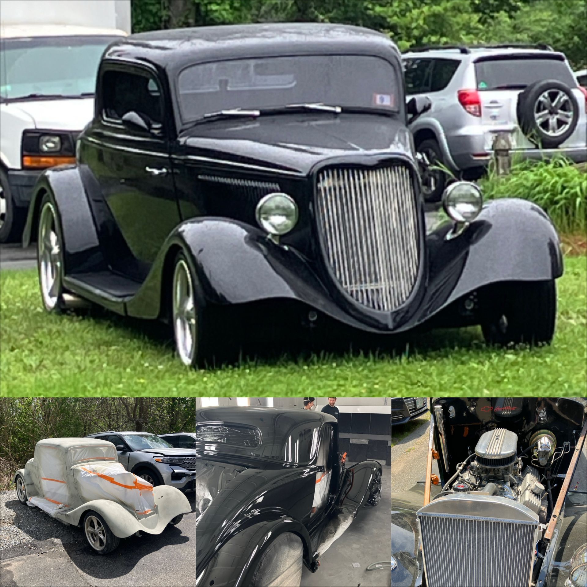 Black vintage hot rod with green headlights parked on grass, shown with three smaller detail views below