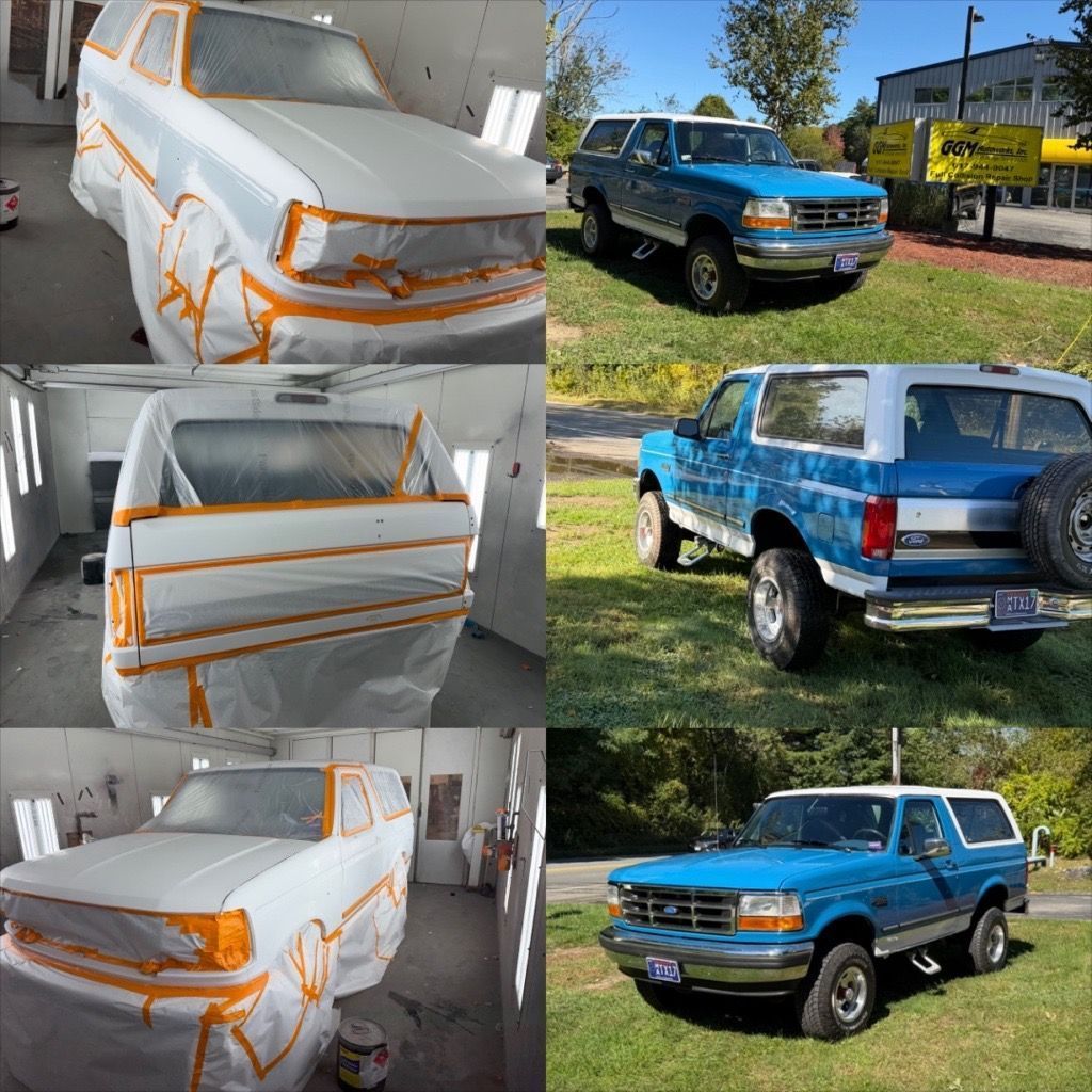 Blue SUV shown before, during, and after orange-and-white custom paint work in a garage and outdoors.