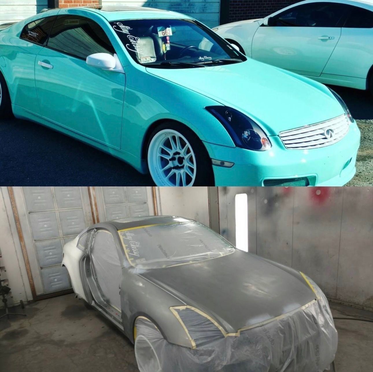 Split image of a turquoise sports car outdoors and the same car covered in primer inside a workshop.