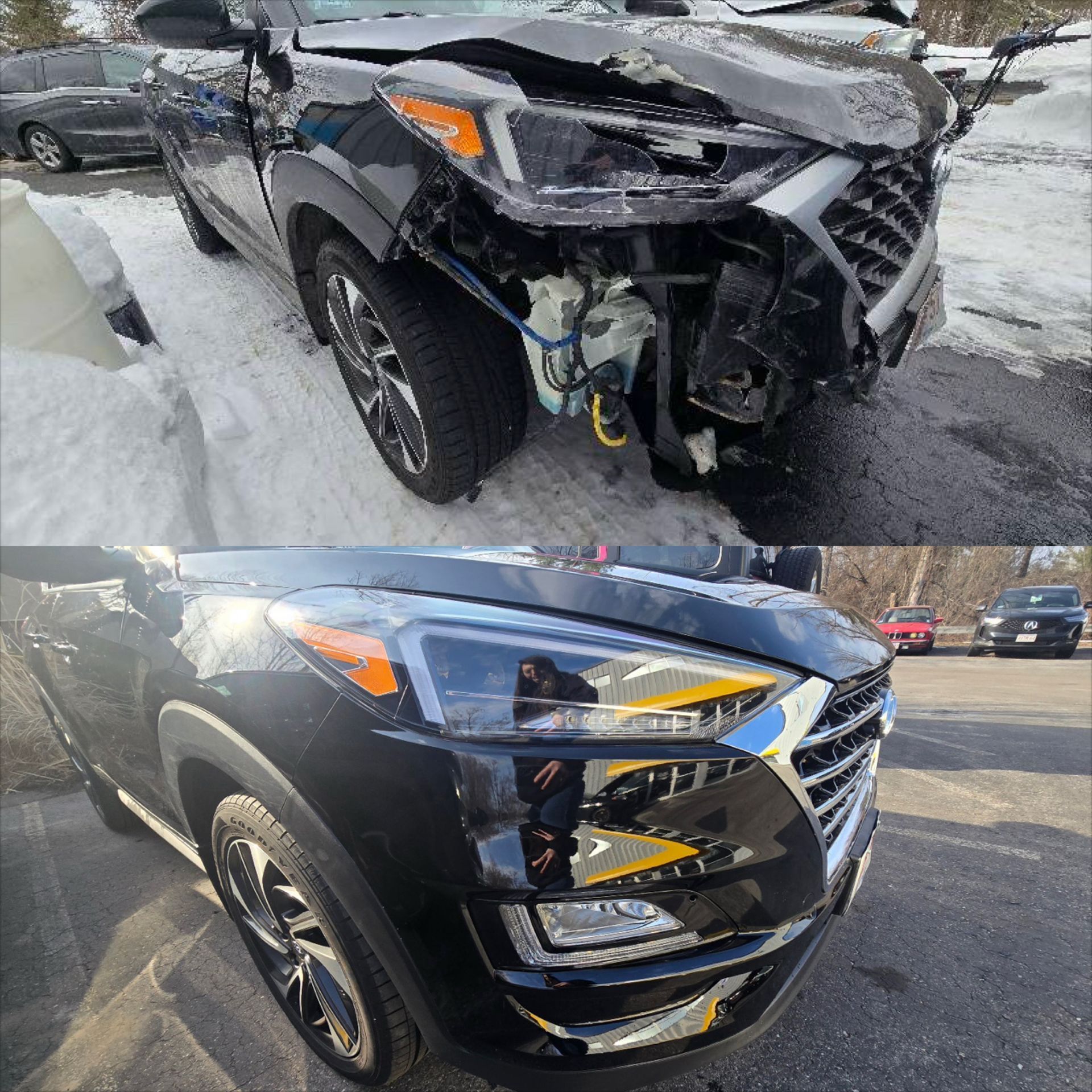 Black SUV with severe front-end crash damage, shown in snowy roadside setting.