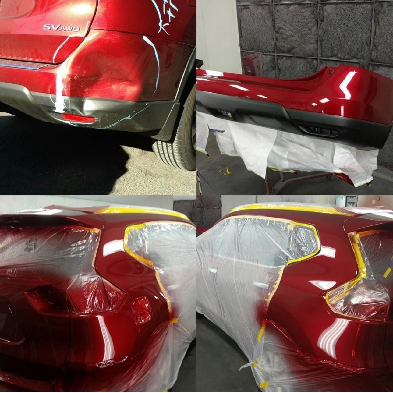 Red car with rear body damage; bumper and quarter panel are dented and covered with protective tape.