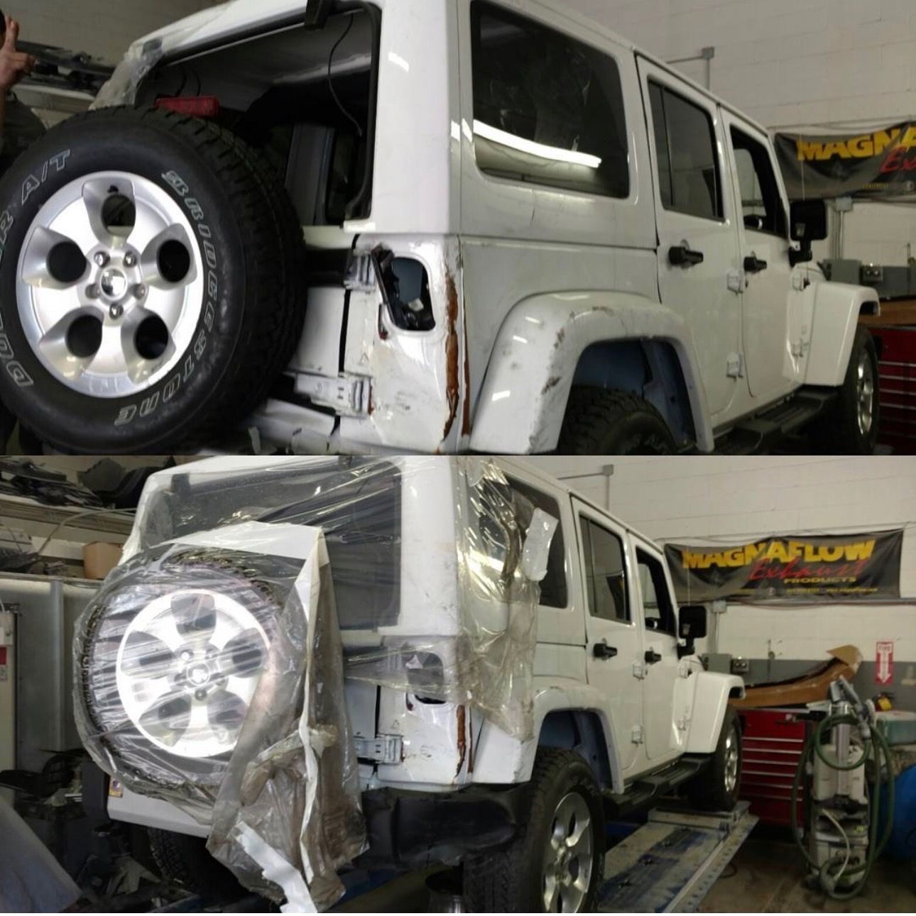White Jeep Wrangler in an auto shop, with rear and front damage being repaired on a lift.