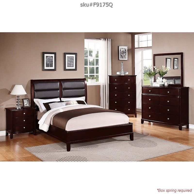 dark brown queen bed with cushioned headboard