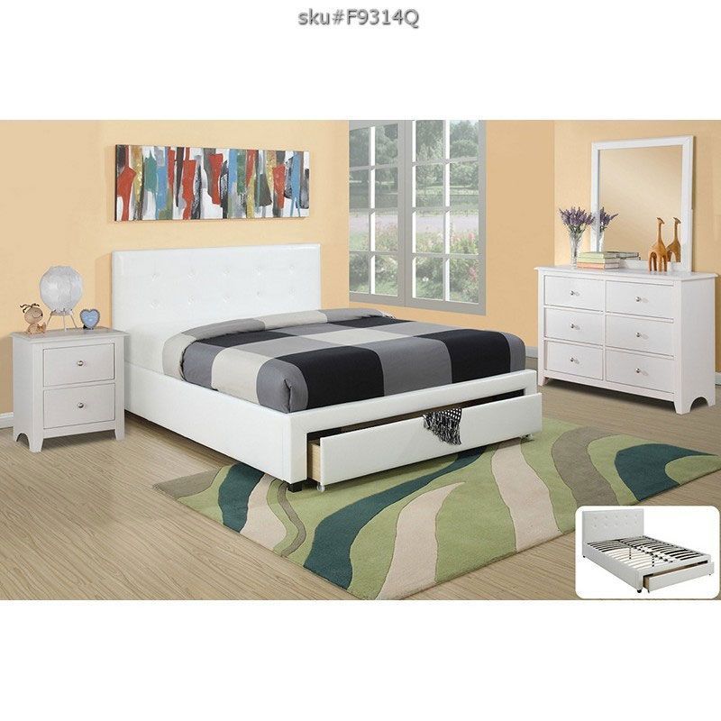 white queen bed with drawer