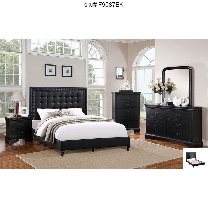 black king-size bed with a tall cushioned headboard