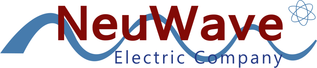 The NeuWave Electric Company logo features bold red text over a light blue wave graphic with a small atom icon.