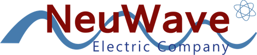 The NeuWave Electric Company logo features bold red text over a light blue wave graphic with a small atom icon.