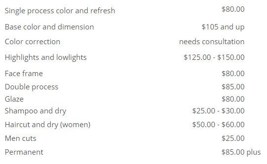 Price  list - hair coloring and haircuts
