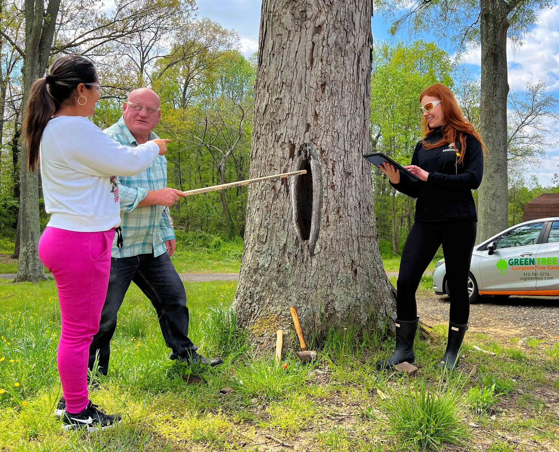 Three people examine a tree trunk with a hole in it outdoors. One points with a stick; another takes notes.