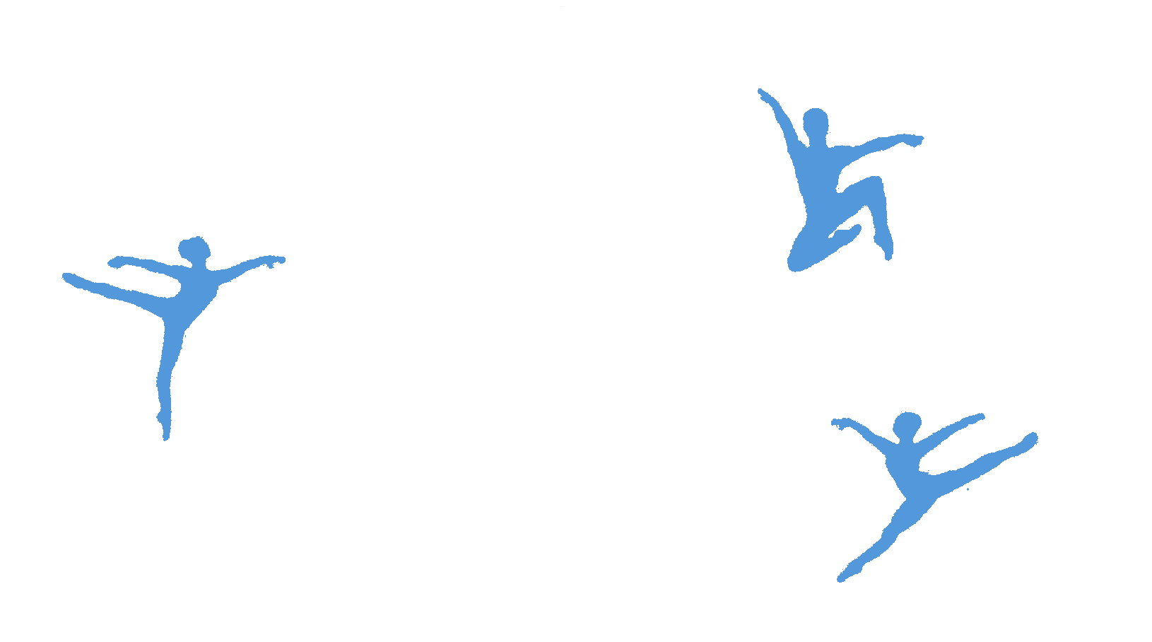 Three blue silhouetted dancers in dynamic poses on a white background