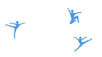 Three blue silhouetted dancers in dynamic poses on a white background