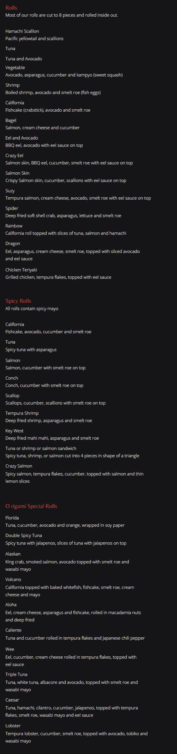 Origami Japanese Restaurant Key West Menu Menu Of Origami Japanese And