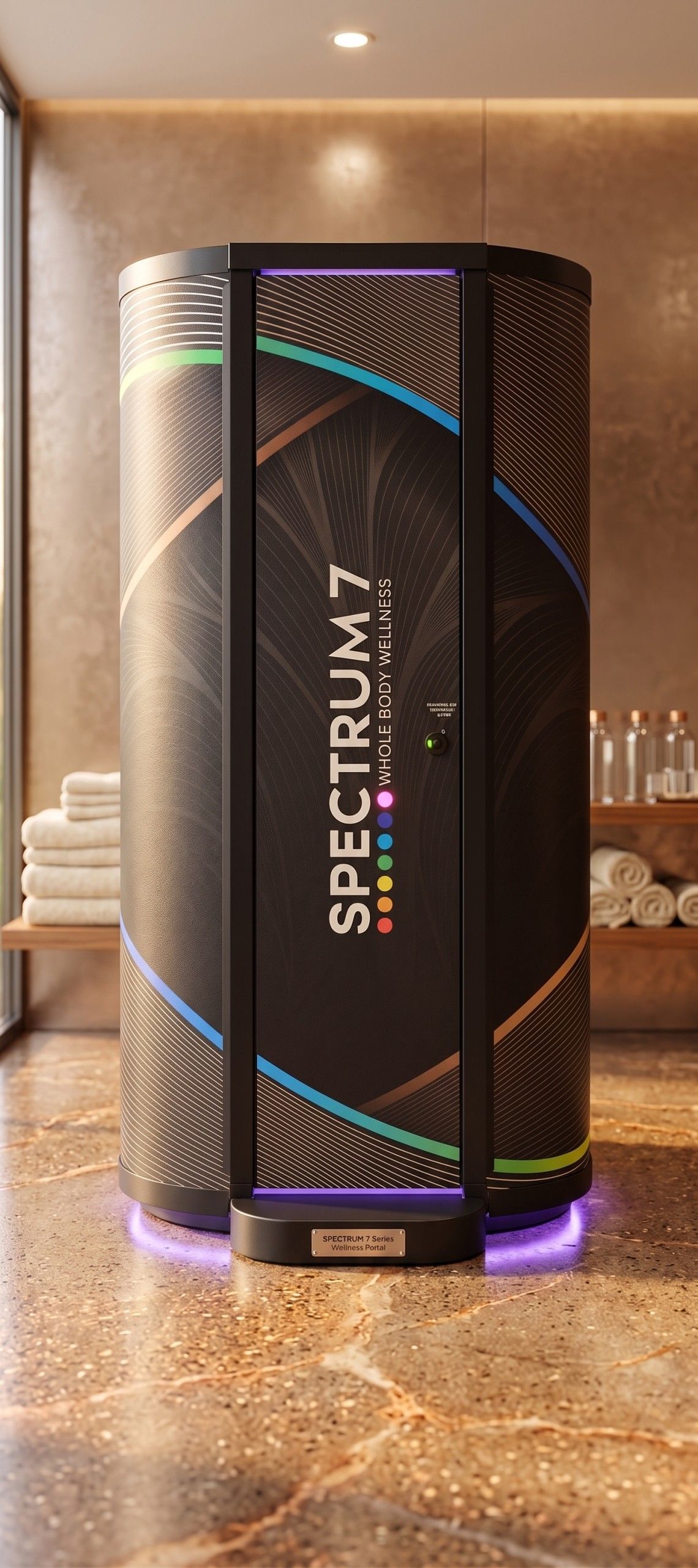 Vertical Spectrum product display with colorful neon lighting in a modern interior.