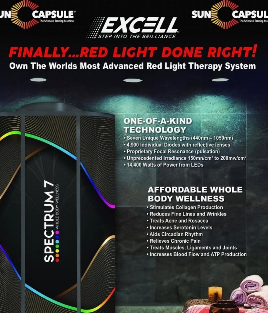 Promotional ad for EXCELL Spectrum red light therapy device with colorful wave graphics and wellness claims