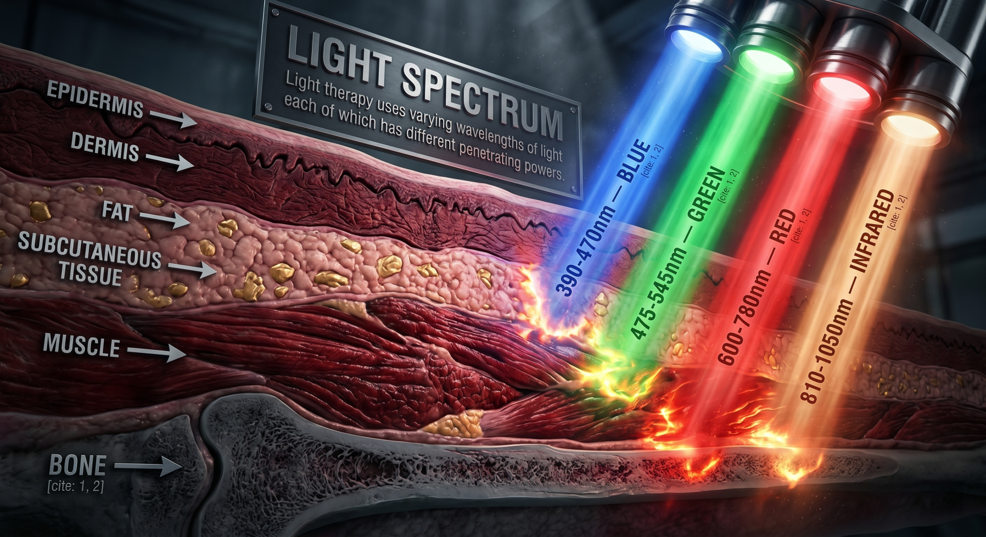 Diagram of colored laser light penetrating skin layers and a bone, labeled “LIGHT SPECTRUM”