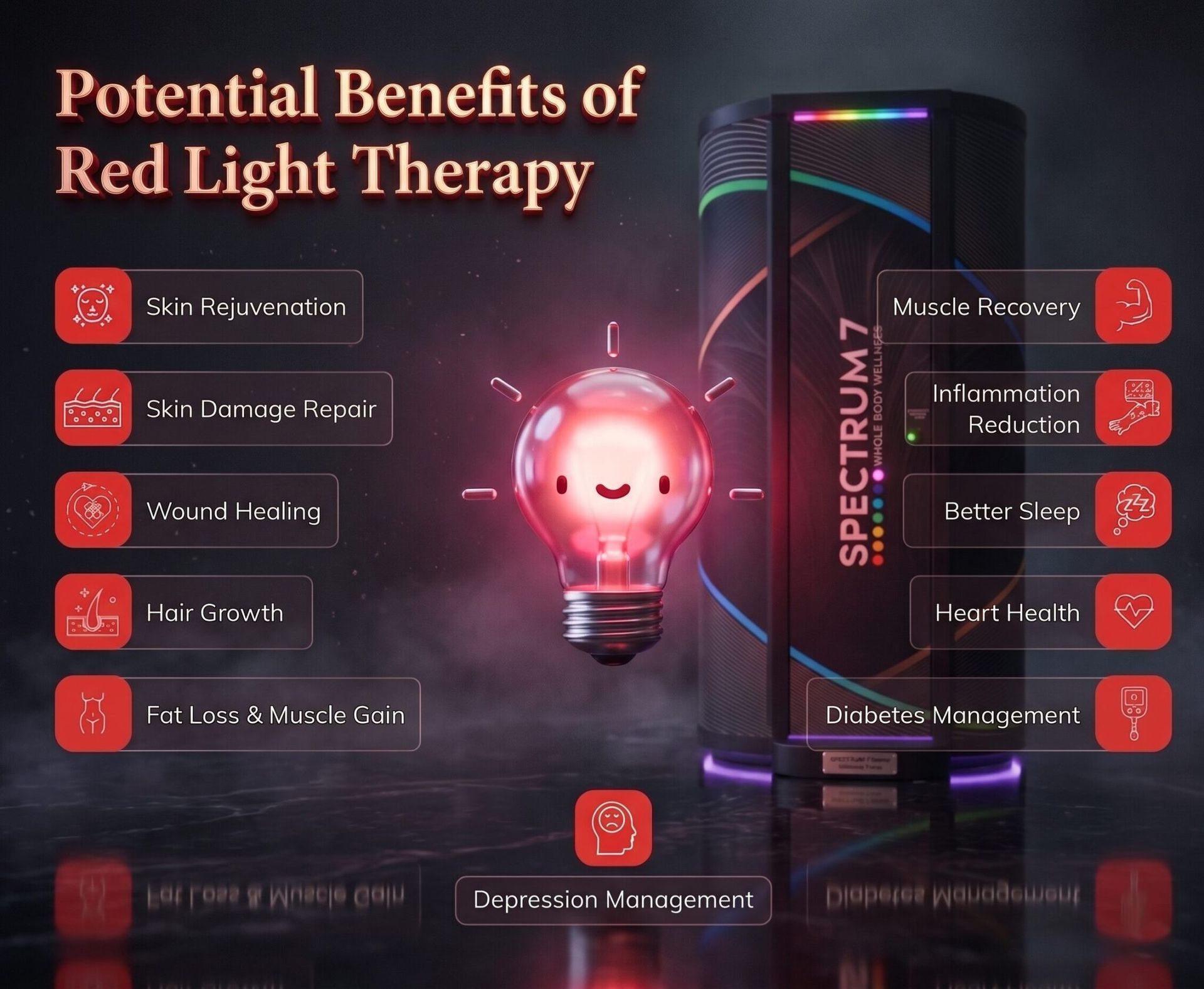 Infographic on red light therapy benefits with glowing red bulb and therapy device in dark setting