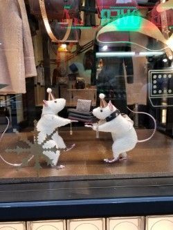 Two white toy mice wearing party hats and dancing in a store window.
