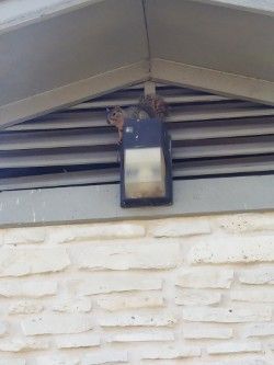 Two squirrels on a light fixture attached to a building, near a vent.