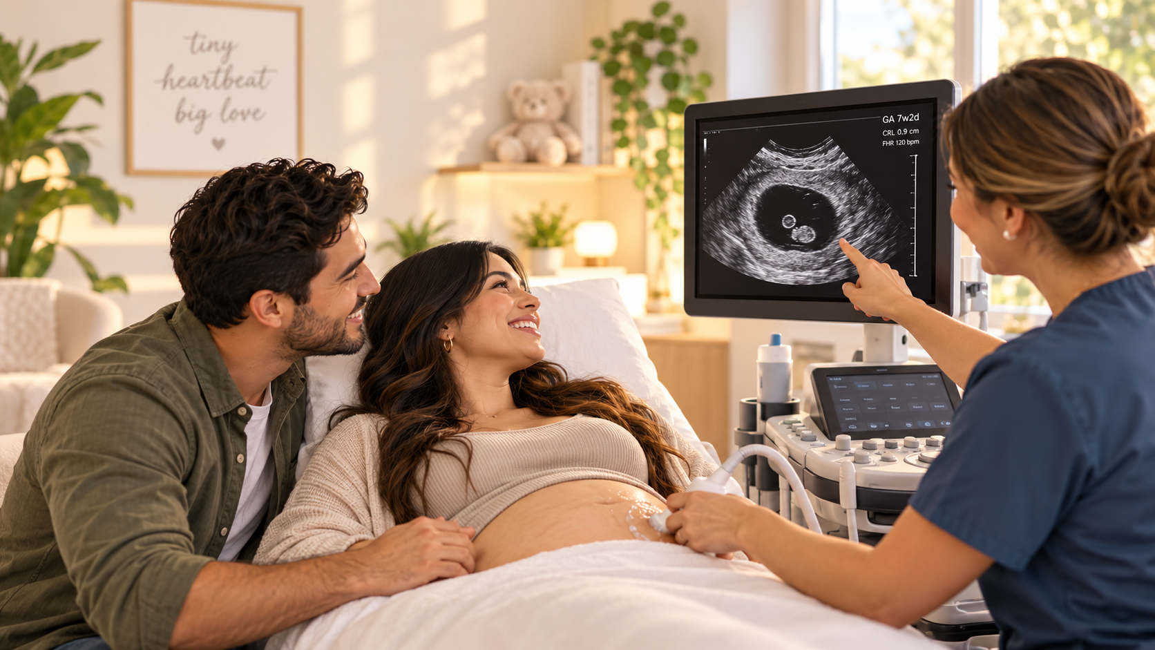 Expectant parents smiling during an early pregnancy ultrasound as a technician points to their baby.