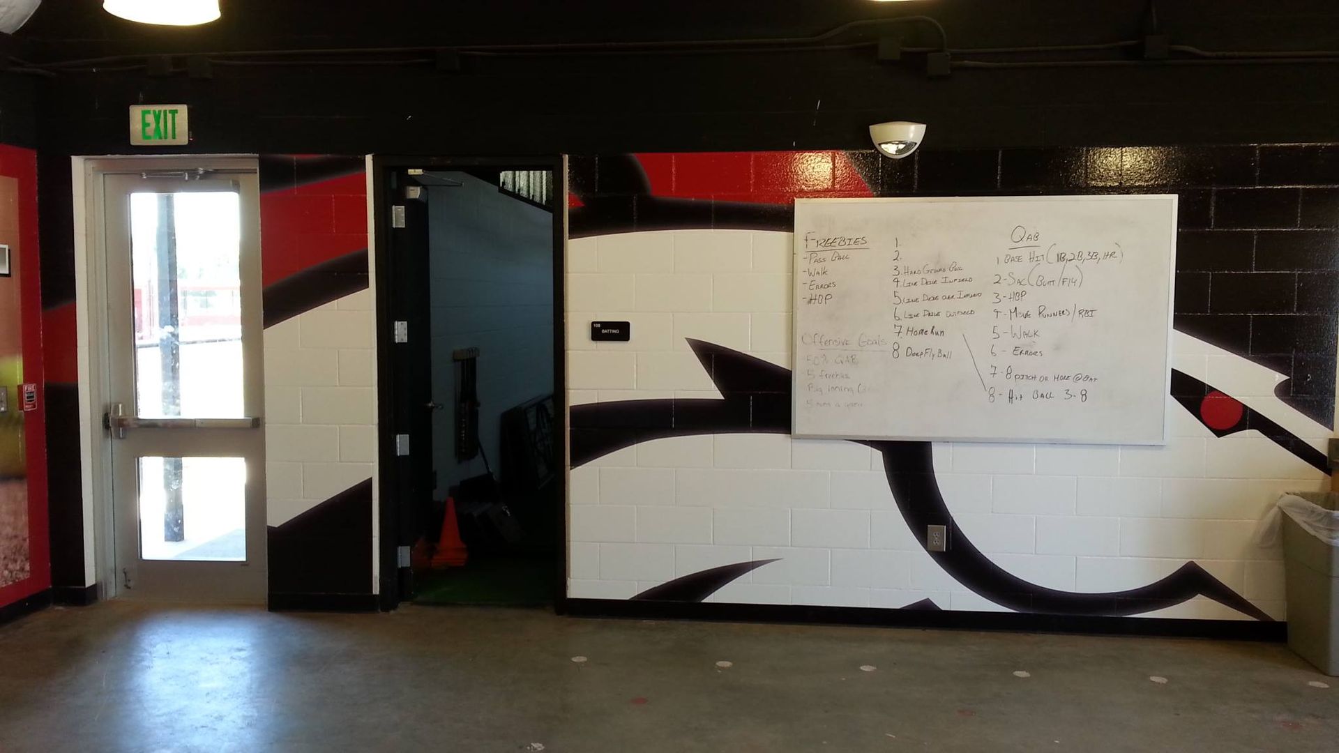 An empty room with a white board on the wall