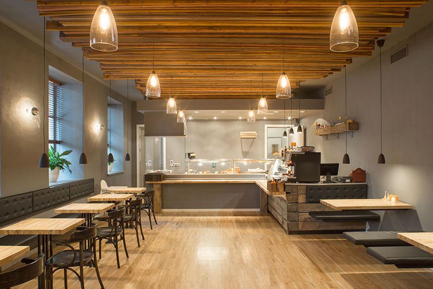 A restaurant with tables and chairs and a counter