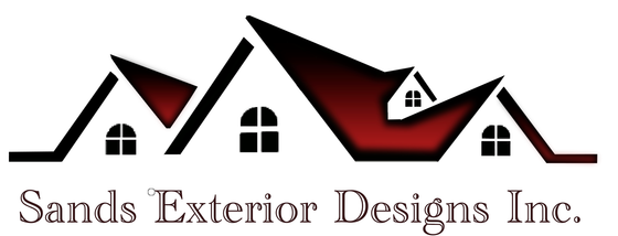 A logo for sands exterior designs inc. with a red roof