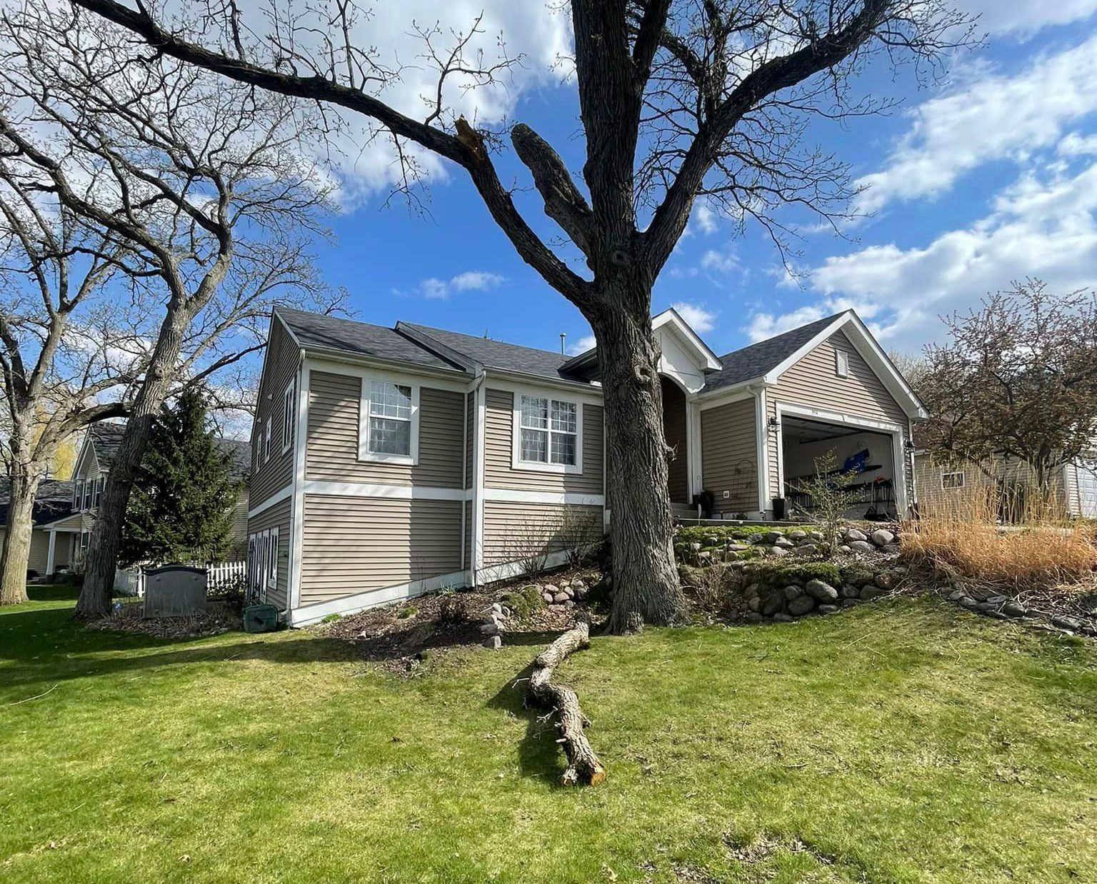 A house with a tree in front of it on a sunny day