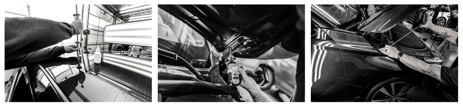 Three black and white photos of someone working on a car or vehicle.