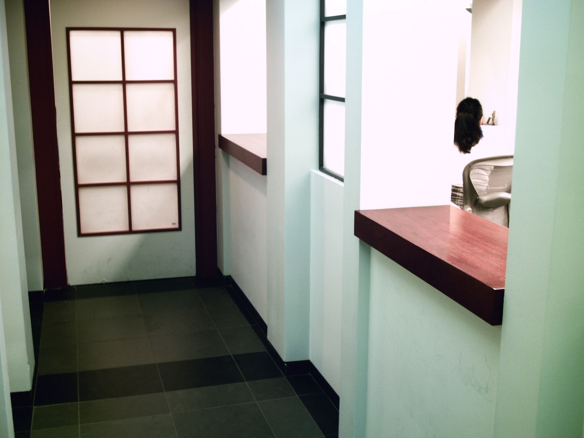 wooden counters in the reception area