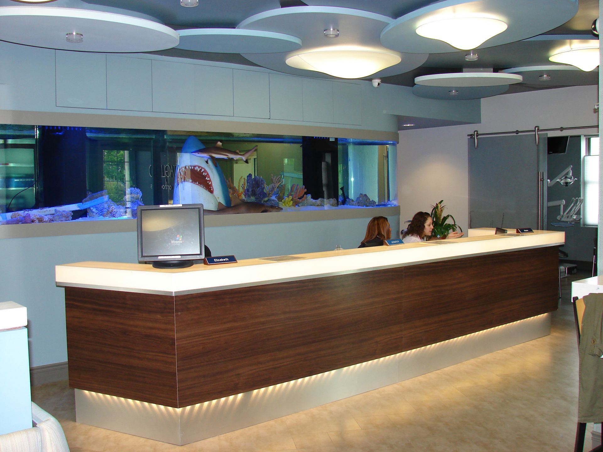 reception area with a huge aquarium