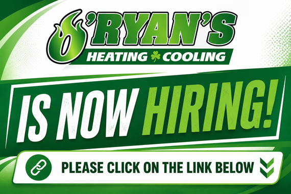 Ryan's Heating & Cooling hiring ad: green banner says Is Now Hiring! and Please click on the link below.