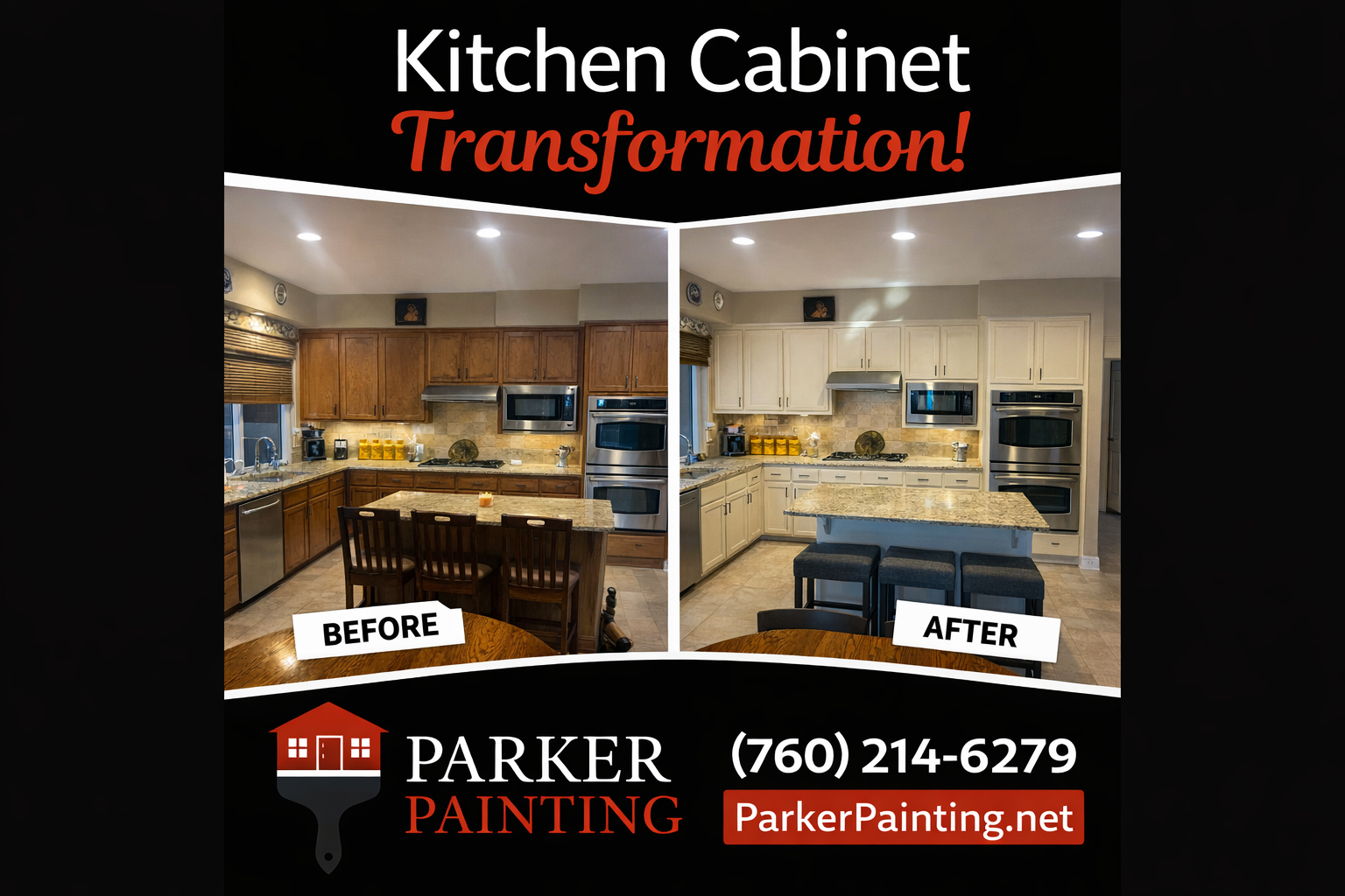 Before and after kitchen cabinet painting. Wooden cabinets transformed to white. Contact info: Parker Painting (760) 214-6279