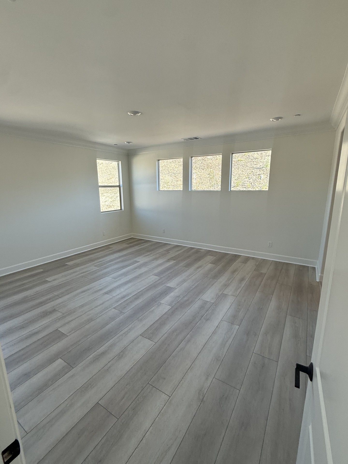 A bright, empty room with light wood-look flooring, white walls, and three windows overlooking a treed area.