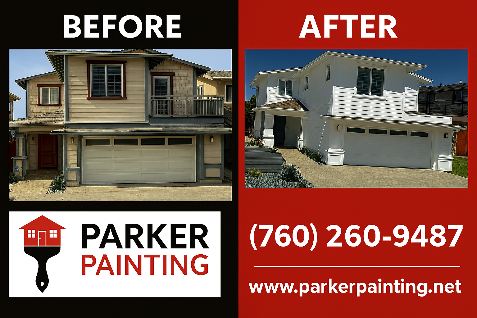 Before-and-after photos of house painting by Parker Painting, with logo, phone number, and website.