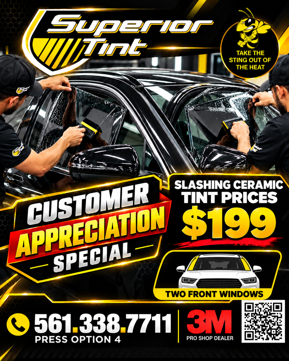 Super Tint ad with workers applying ceramic window tint, $199 special, phone number, and 3M logo