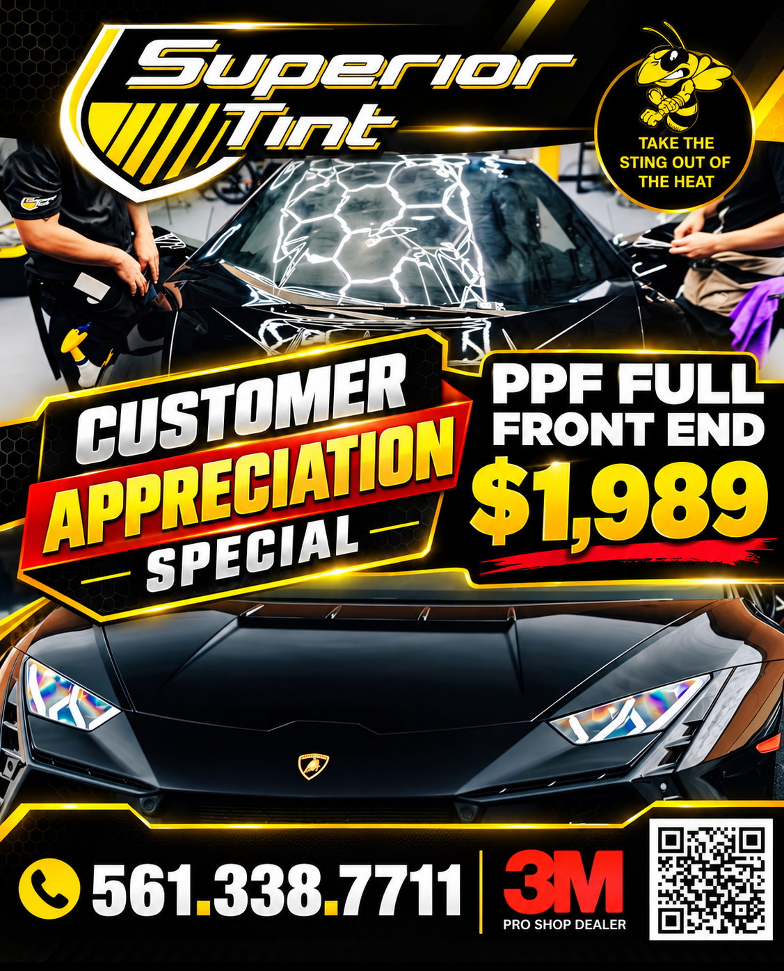 Superior Tint ad: customer appreciation special, PPF full front end $1,989, with black sports car and phone number.