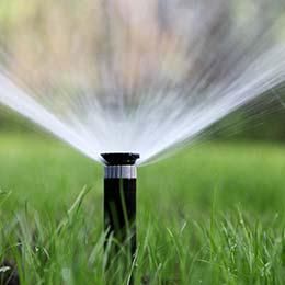Black lawn sprinkler spraying water over green grass