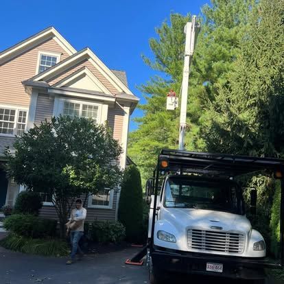 Tree service truck with lift parked beside a house; worker stands near the driveway under blue sky.